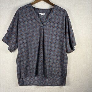 Entro Women's Top Size 2X Teal & Brown Abstract Print V-Neck Lightweight